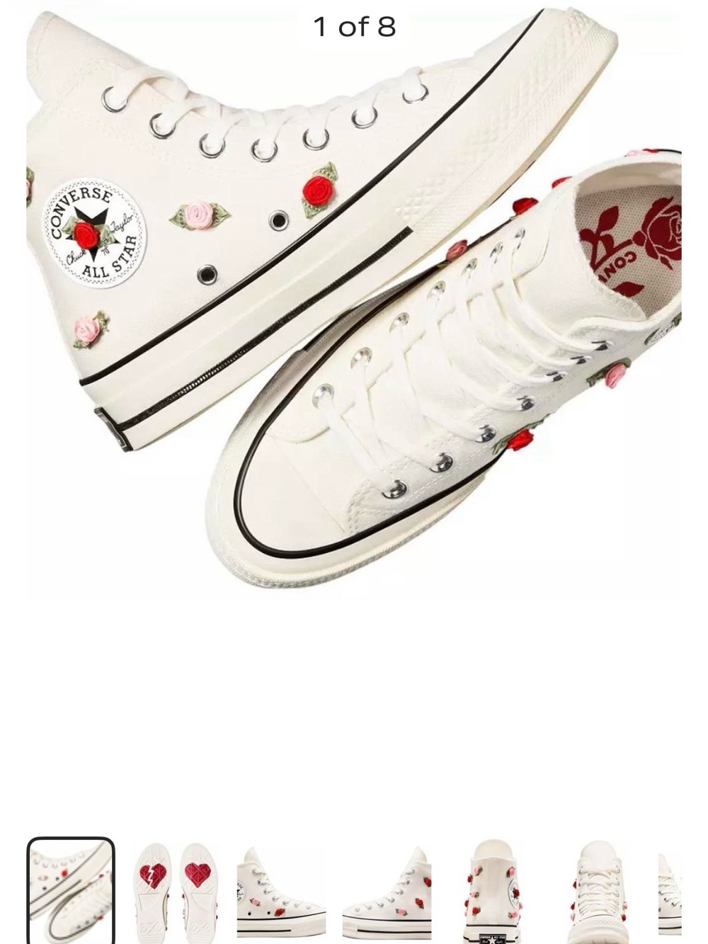 Converse White High Top Sneakers with Red and Pink Rose Embroidery